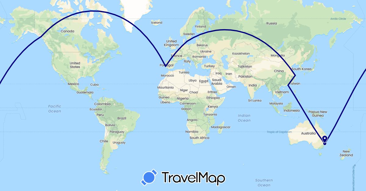 TravelMap itinerary: driving in Australia, China, Denmark, Portugal, United States (Asia, Europe, North America, Oceania)